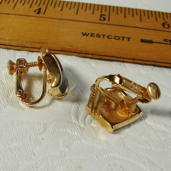 Vtg 80's JS Clip-On EARRINGS, Gold Tone w/Dark Teal Enamel F77 - Picture 3 of 6